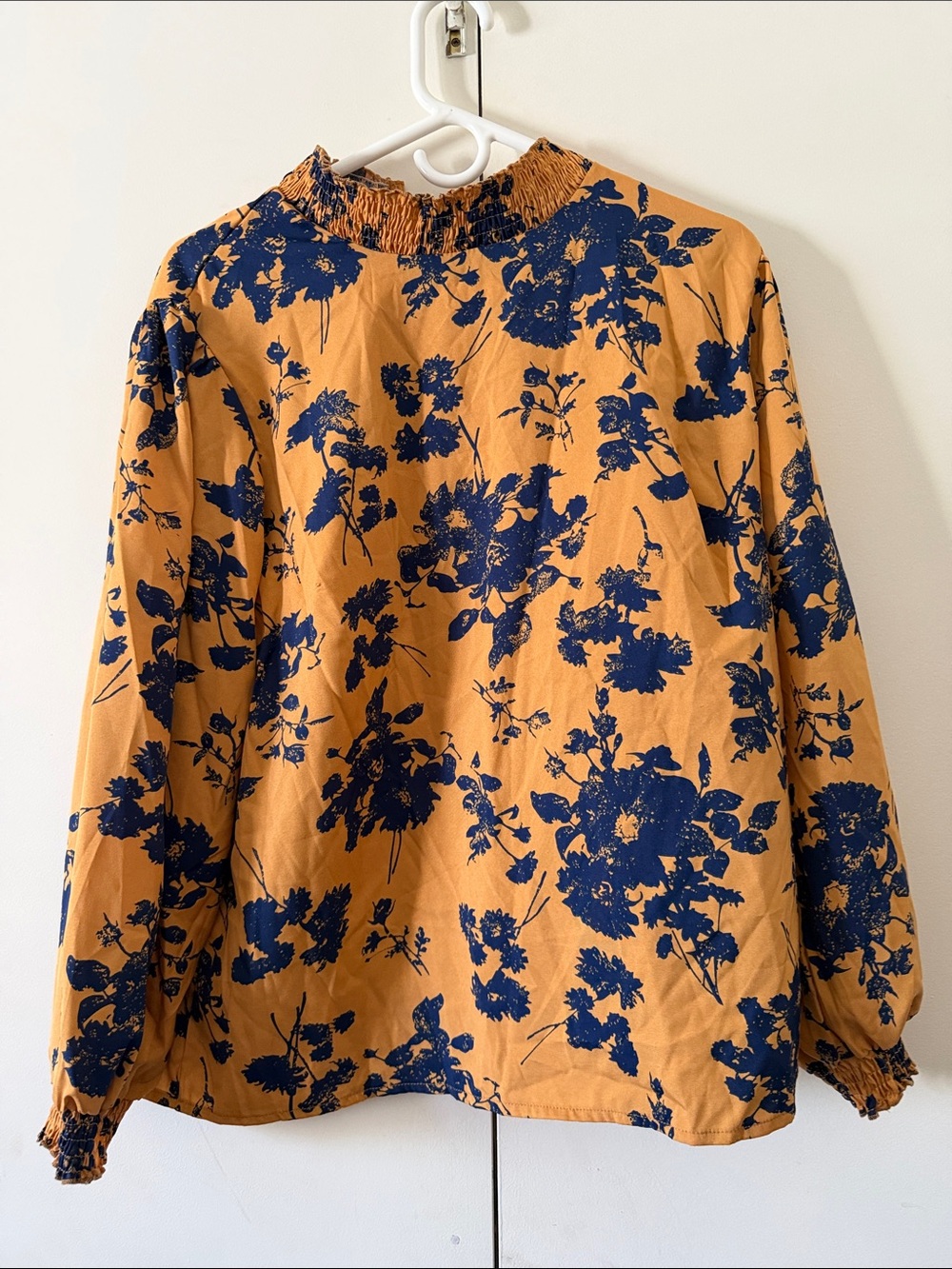 Women's Mustard Floral Smocked Neck Blouse - Navy Print